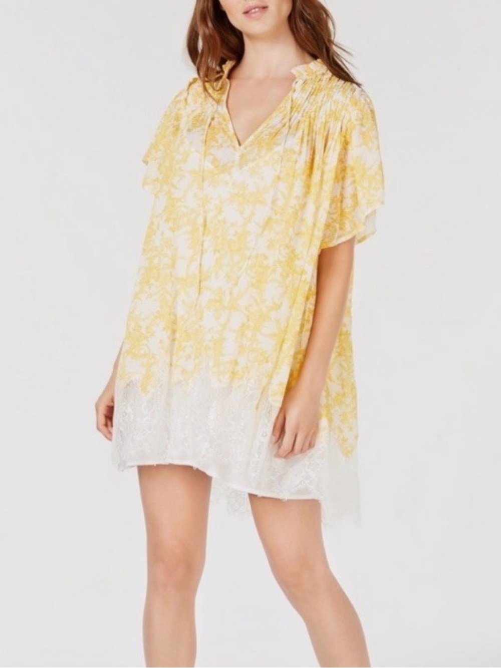 Free People Yellow and White Floral Lace Hem V-Neck Dress